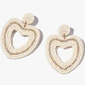 2.5" Handmade Large White Heart Beaded Earrings Beads & Rhinestones Handcrafted